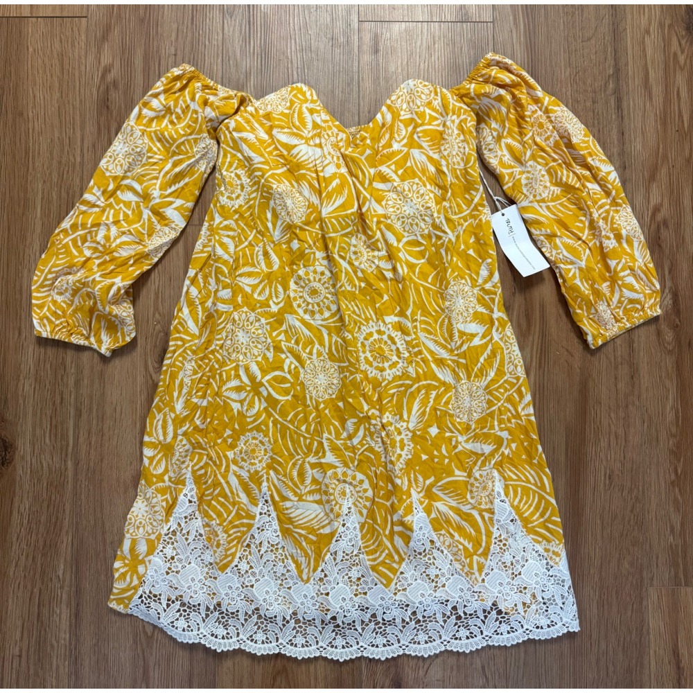 Truth NYC Yellow White Floral Lace Trim Off Shoulder Corset Mini Dress Small